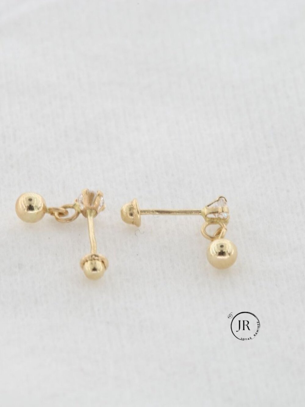 14K Solid Gold Dangle Drop Earrings • Cubic Zirconia Studs with Hanging Ball - Picture 3 of 6
